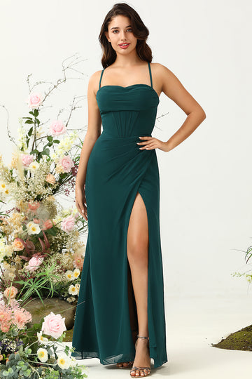 Correas de Espagueti Verde Oscuro Vestido Invitada Boda